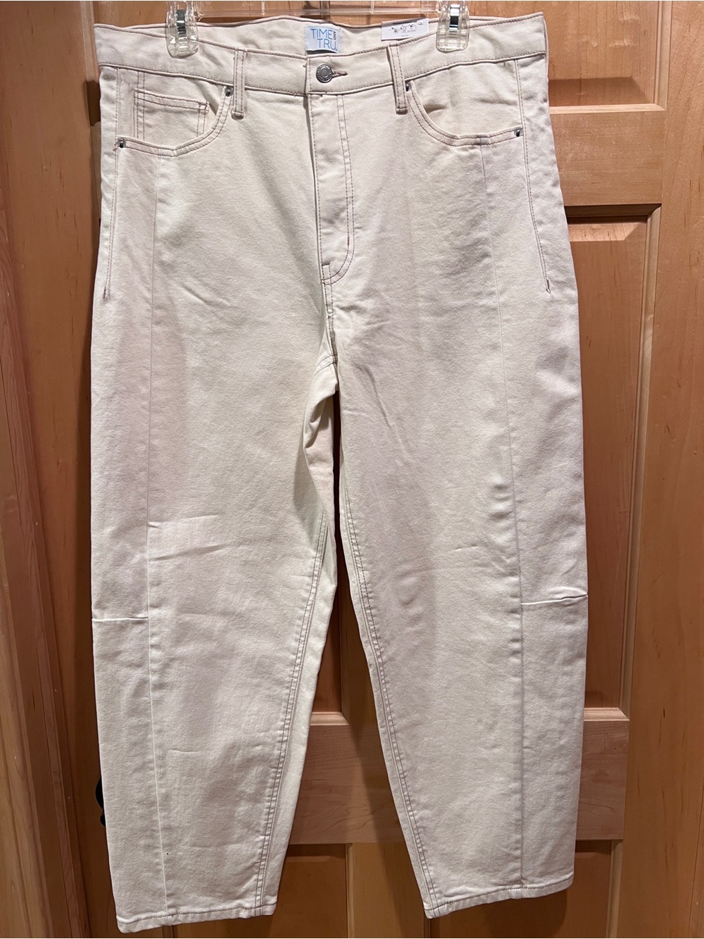 NWT Time & Tru Women’s Ivory Barrel Leg Jeans High Rise Utility Pants Ivory 14